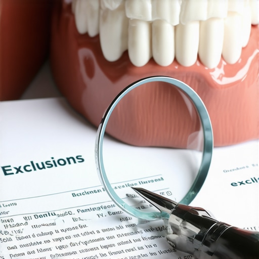 Magnifying glass over a dental insurance policy document next to a dental crown.