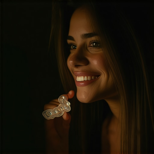 A person using a silicone chewie to ensure their clear aligner is properly seated against their teeth.