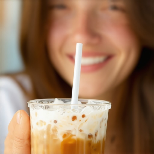 Close up of a glass straw in coffee to protect white veneers