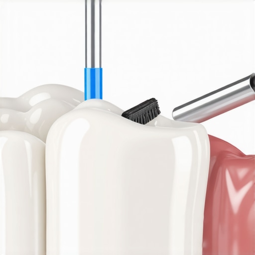 Close up of cleaning a dental crown margin with an interdental brush