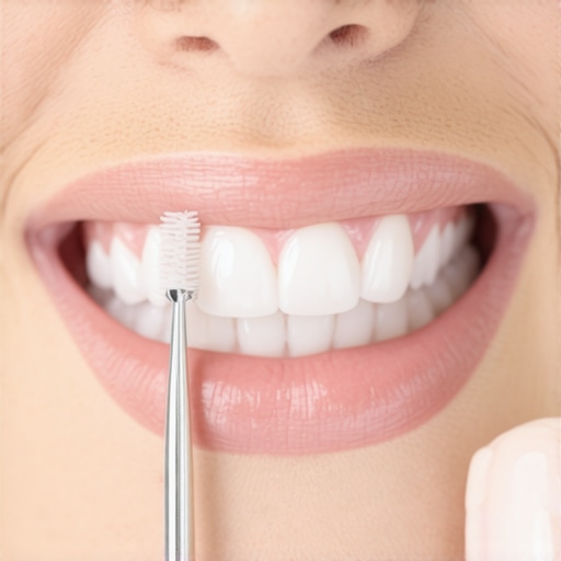 A close-up shot of a proxy brush cleaning under a fixed orthodontic wire.