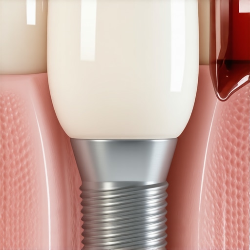 A comparison of healthy pink gums and red, inflamed gums around a dental implant site.