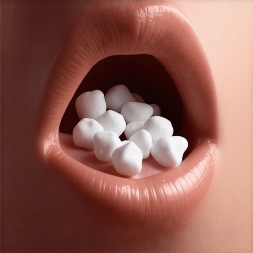 Detailed illustration of white tonsil stones trapped in the crevices of human tonsils.