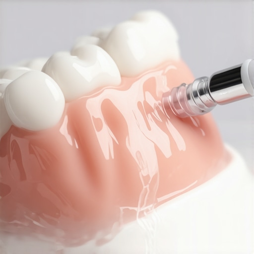 Close-up of a water flosser cleaning a dental crown and gum line