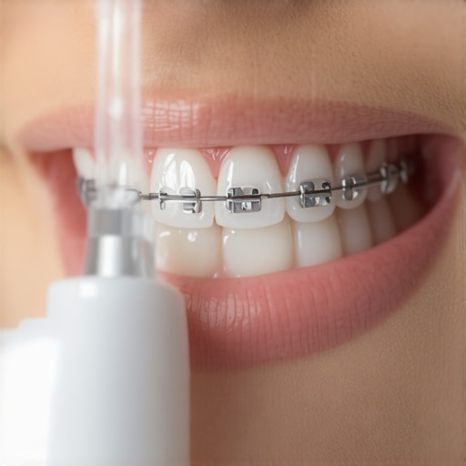 Close up of a water flosser cleaning metal braces and wire.