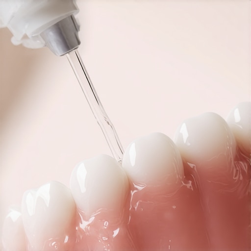 Water flosser maintenance for dental bridges A specialized water flosser tip cleaning a dental bridge to reduce pressure and inflammation.