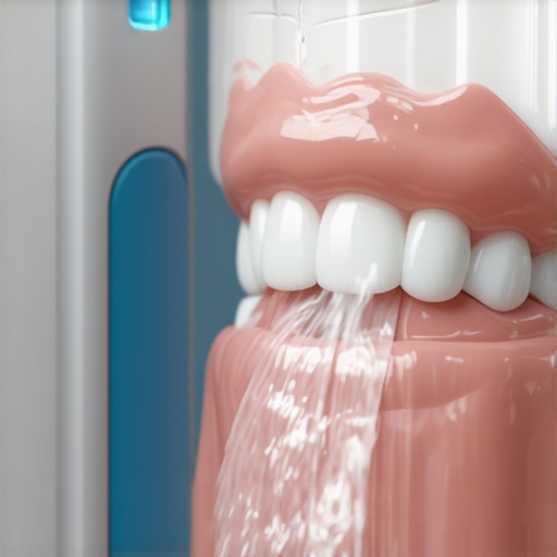 Close up of water flosser cleaning a dental crown margin