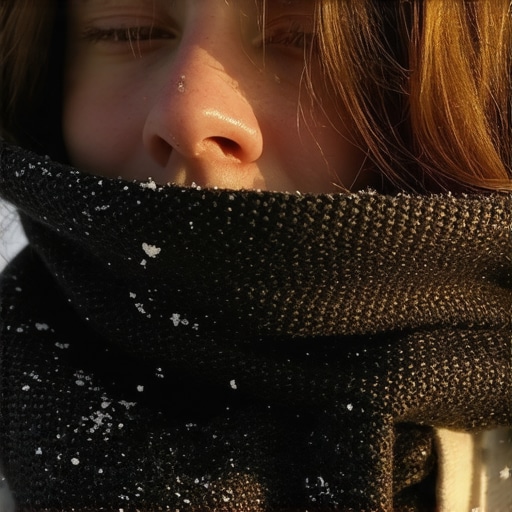 A person using a scarf to insulate their jaw and dental implants from cold winter air.