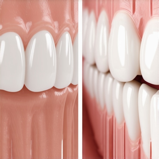 Comparison showing the aesthetic difference between modern zirconia crowns and old PFM crowns with dark edges.